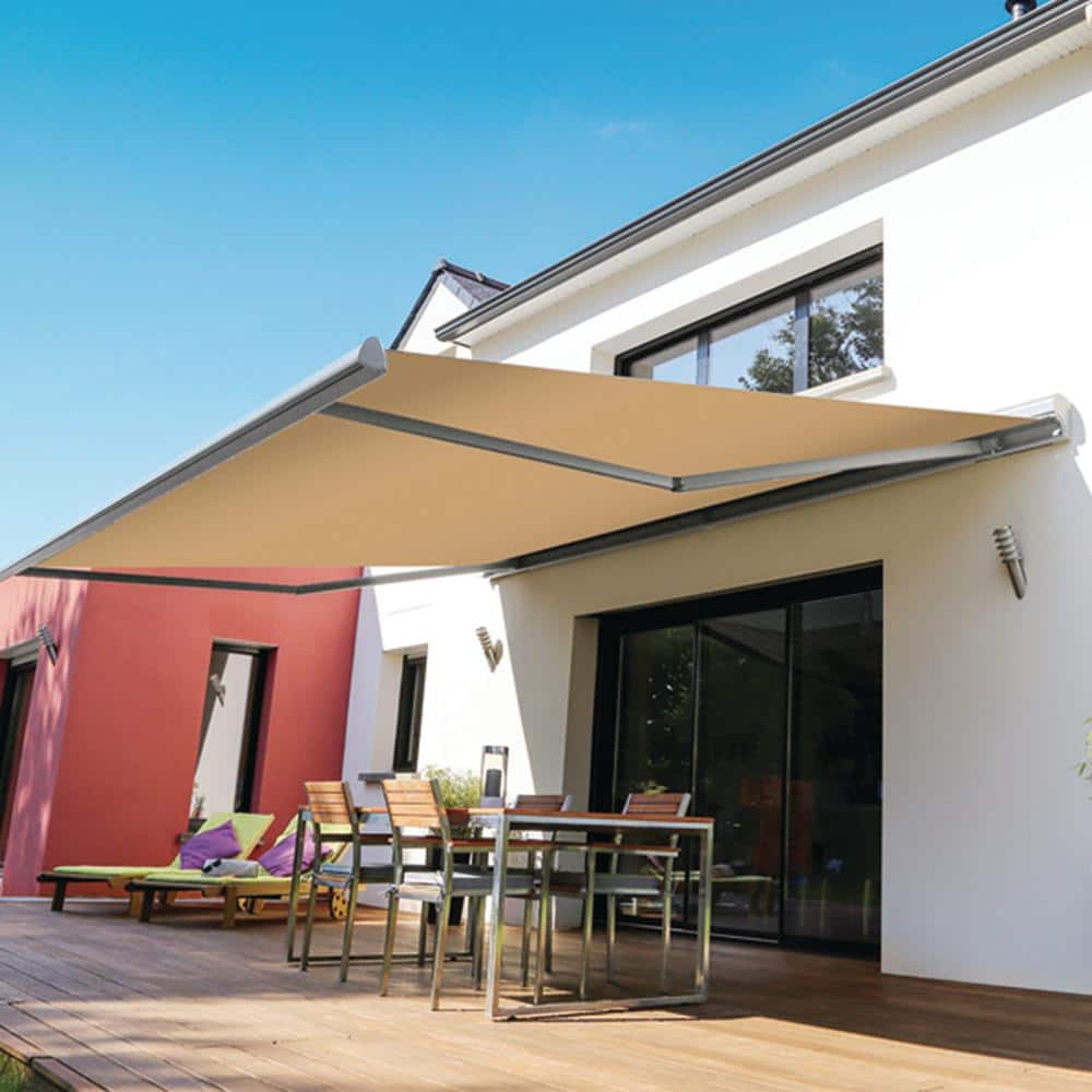 Khaki 12' x 10' Retractable Patio Awning with Aluminum Frame