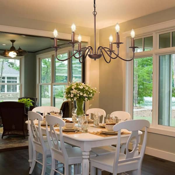 6-Light Brown Industrial Farmhouse Chandelier for Dining Room with