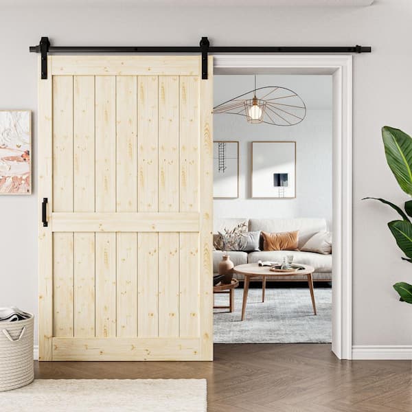 EH PUERTA 48 in. x 84 in. Paneled H Shape Solid Core Pine Unfinished Wood Sliding Barn Door Slab with Hardware Kit