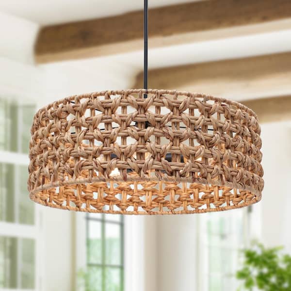 LNC Modern 5-Light Brown Natural Rattan Drum Chandelier with Matte Black Hardware and No Bulbs Included