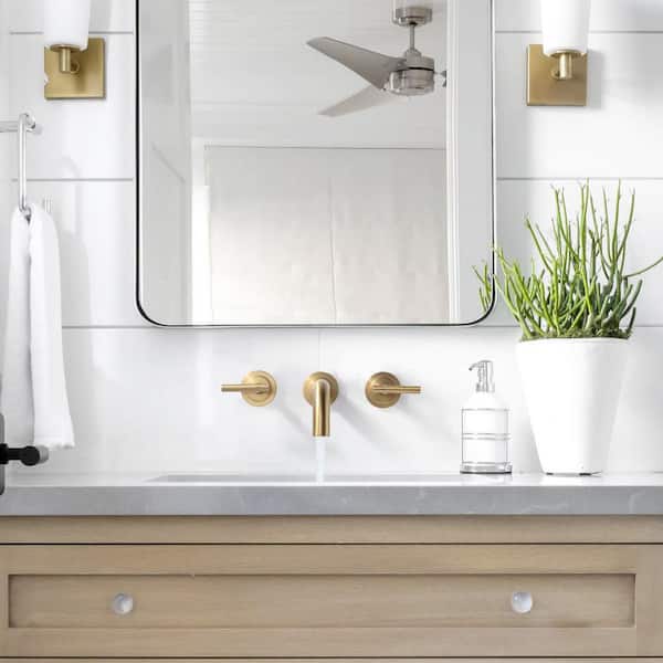 Double Handle Wall Mounted Bathroom Faucet with Rough-in Valve Included in Solid Brass Brushed Gold