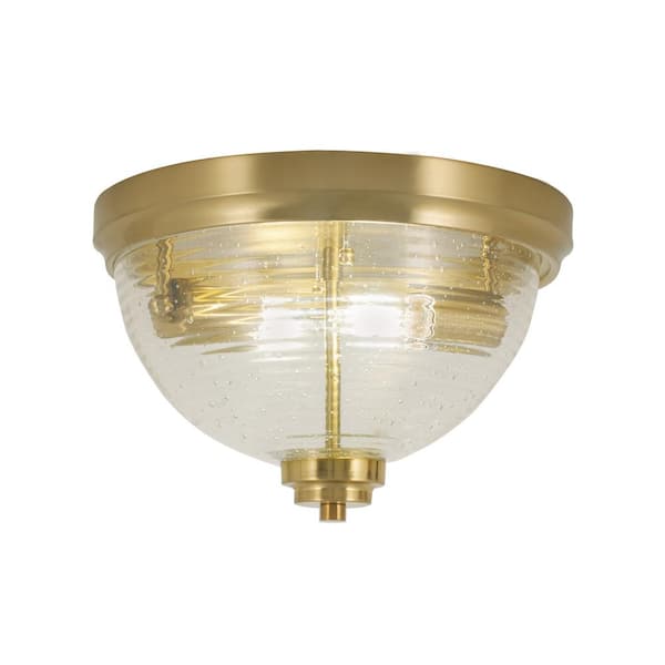 Unbranded Ashland 12 in. 2 Light New Age Brass Flush Mount with Ribbed Clear Glass Shade No Bulbs Included