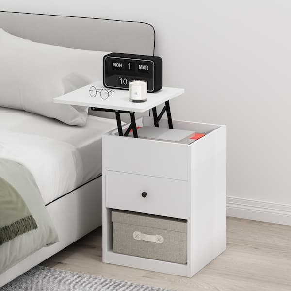 Furinno Jensen 1-Drawer Solid White Lift Top Nightstand 23.4 in. H x 17.7 in. W x 17.7 in. D