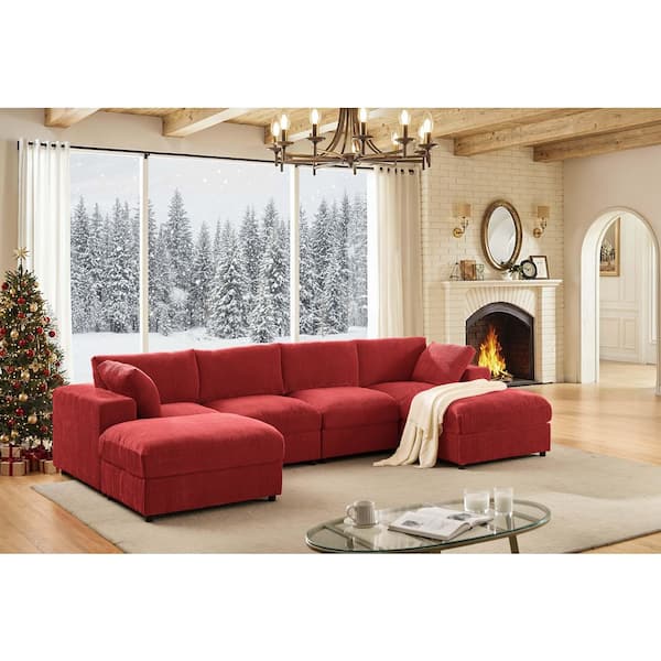 Noah Modern 132 in. Square Arm 6-Piece Corduroy Modular Sectional Sofa in Red with 2 Ottomans, Reversible
