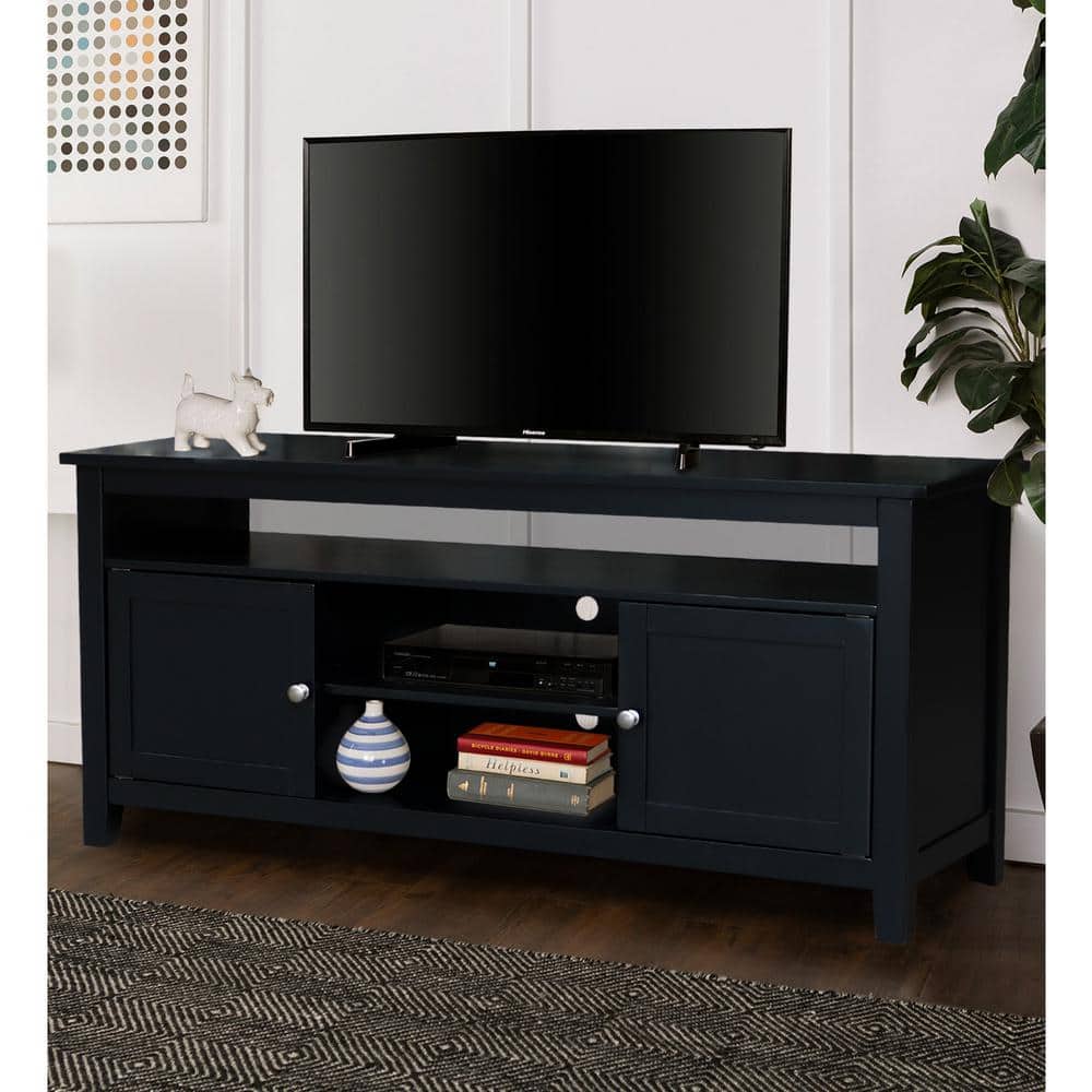 Black Solid Wood TV Stand with Cabinets and Shelves