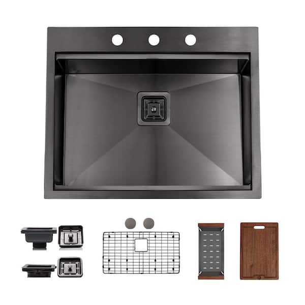 25 in. Drop-In/Undermount Single Bowl 16 Gauge Black Stainless Steel Kitchen Sink Workstation with Accessories