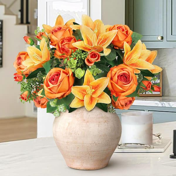 LIVING LUXURY 18 in. Orange Artificial Mixed Rose Stargazer