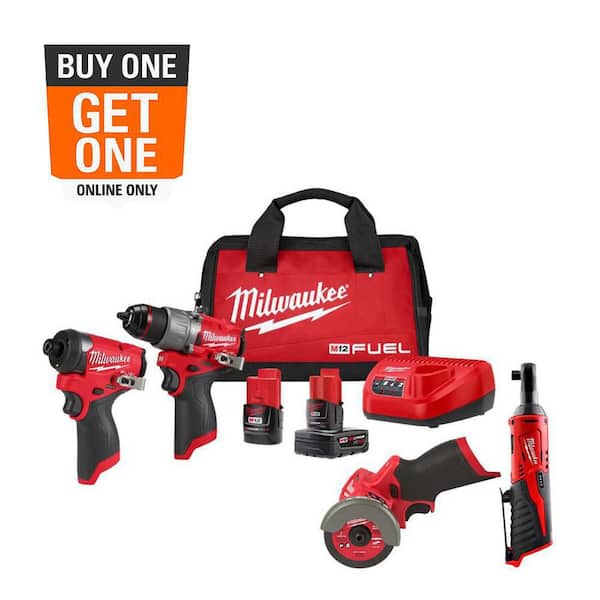 M12 FUEL 12-Volt Li-Ion Brushless Cordless Hammer Drill & Impact Driver Combo Kit w/2 Batteries, Cut Off Saw & Ratchet
