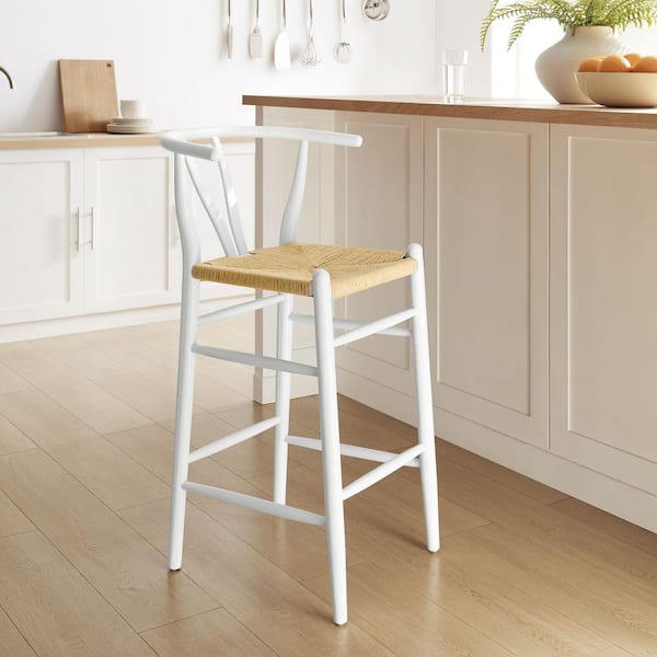 Amish Wood Rope Bar Height Stool in White-29 in. Seat Height Mid Century Modern Retro Stool
