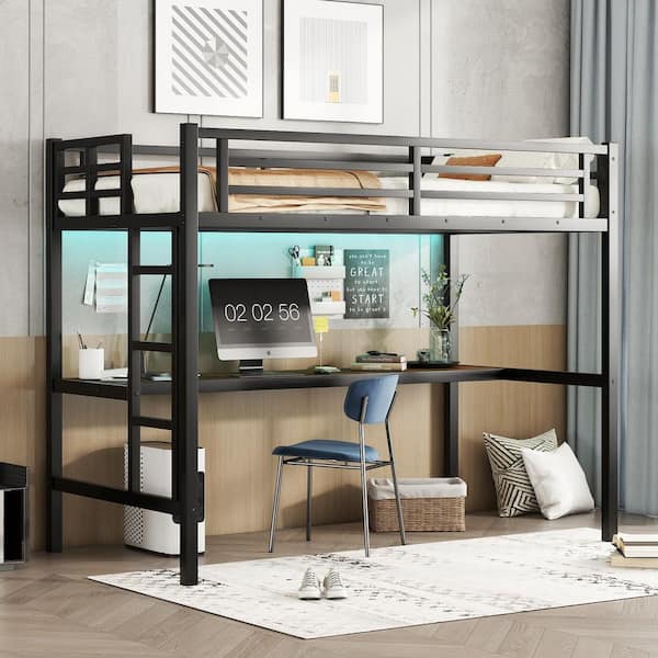 Black Twin XL Metal Loft Bed with Power Outlet and Led Lighted