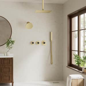 Thermostatic Valve 5-Spray 12 and 6 in. Shower Faucet 2.5 GPM with 2-Function Handheld Shower in Brushed Gold