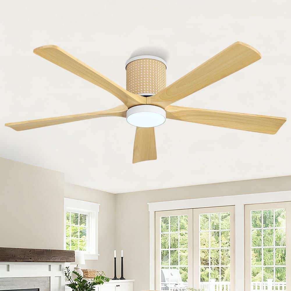 54 in. 5 Solid Blades Indoor Ceiling Fan with Integrated LED and Remote, Natural Wood Grain and White Flush Mount price history on PriceWatchPro