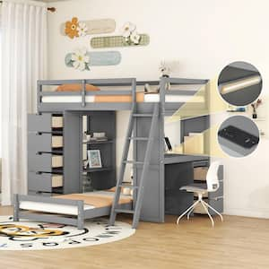 Twin over Twin Bunk Bed with LED Light and USB Ports, Gray