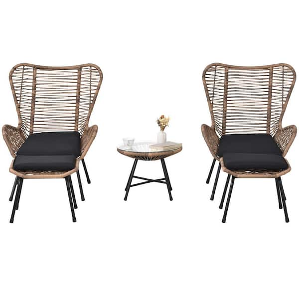 Tunearary 5-Piece Wicker Rattan Outdoor Bistro Conversation Set Arm Chairs Tea Table and Stool with Gray Cushions