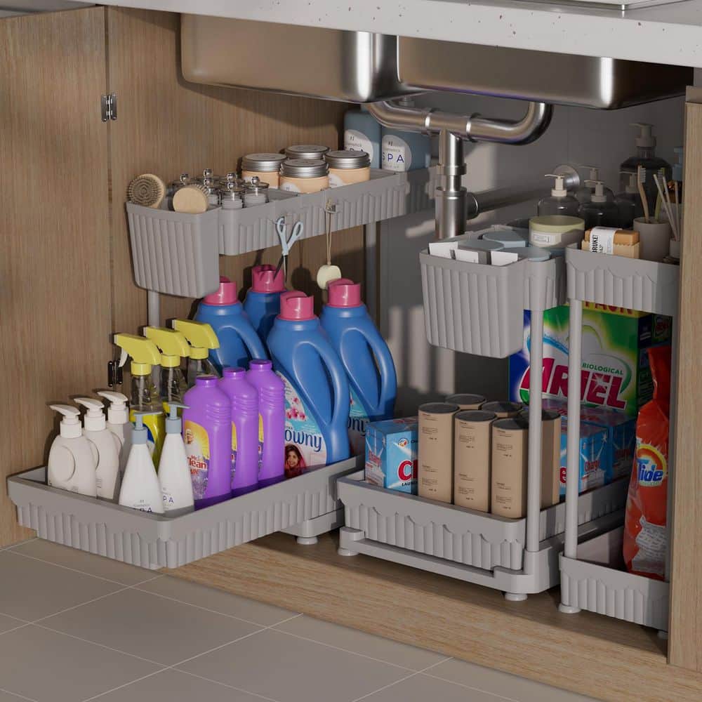 3 Pack Large Stackable Storage Drawers, Plastic Bins for Kitchen Cabinets, Pantry, Makeup, Medicine Organization, Gray