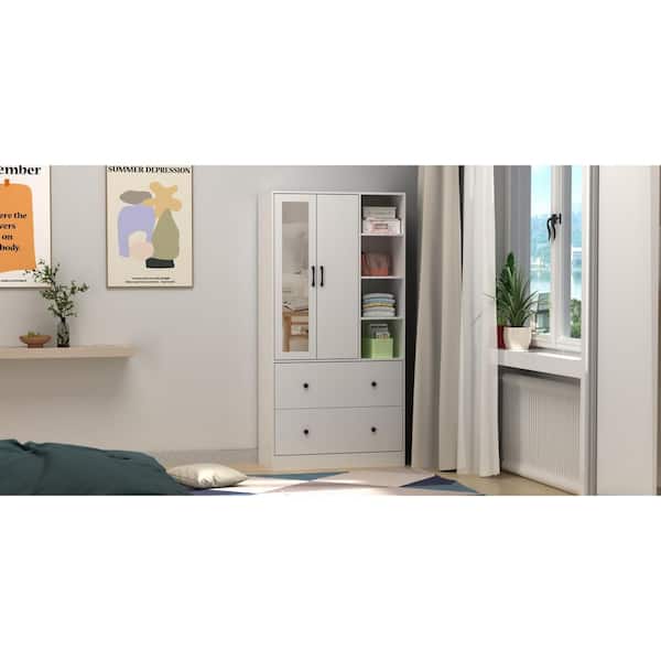 FUFU&GAGA White Wood Armoires Wardrobe W/Mirror, Pulling