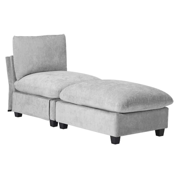 WESTINFURNITURE Lucca Plush Chenille Upholstered Armless Modular Single Sofa Accent Chair with Footstool Ottoman Set, Light Gray
