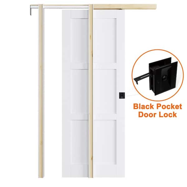 ARK DESIGN 32 in. x 80 in. Paneled 3-Lite White Primed MDF Pocket Sliding Door with Hardware Kit (Soft Close & Black Lock Included)