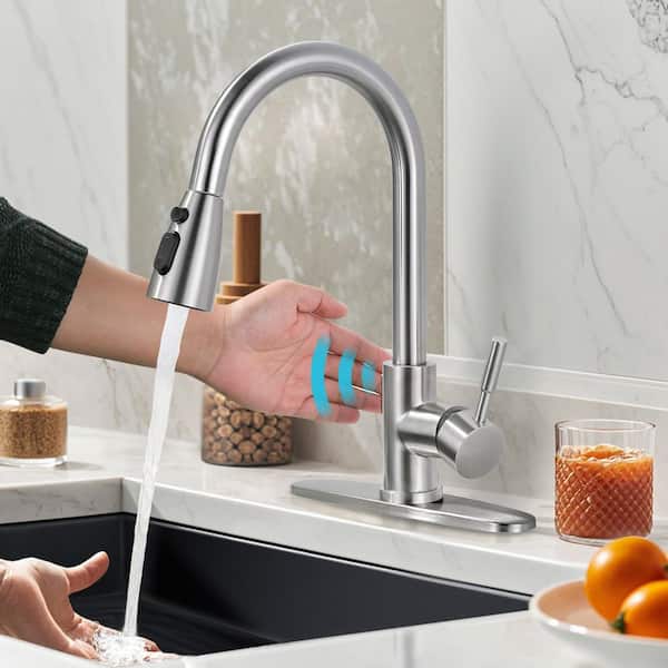 15.3 in. Touchless Sensor Single Handle Pull Down Sprayer Kitchen Faucet with 360° Spout in Stainless Steel Nickel