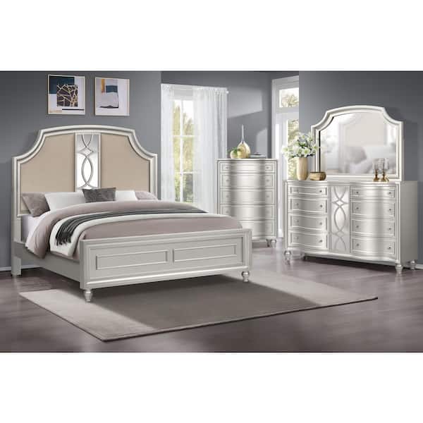 New Classic Furniture Reflections 4-Piece Silver Wood California King Bedroom Set (B/Dr/Mr/Ch)