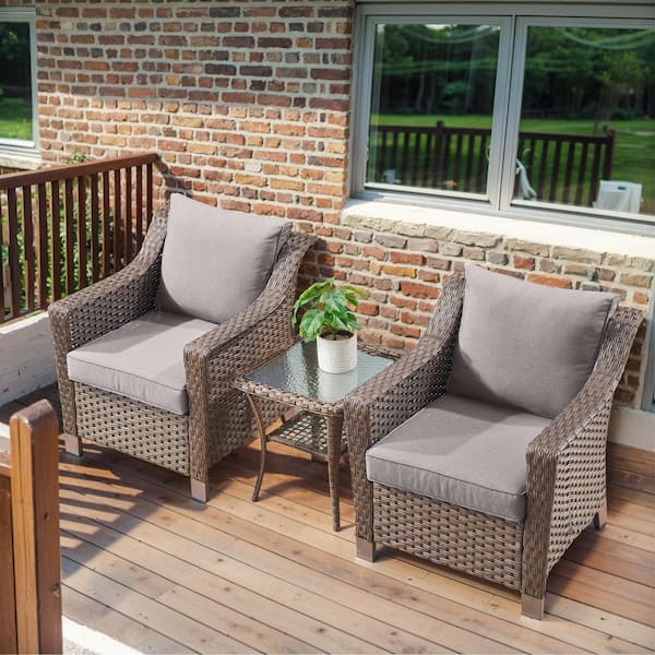 Slimline 3-Piece Brown Wicker Patio Conversation Set with Gray Olefin Cushions and 4 in. Wide Armrest/Lounge Chairs