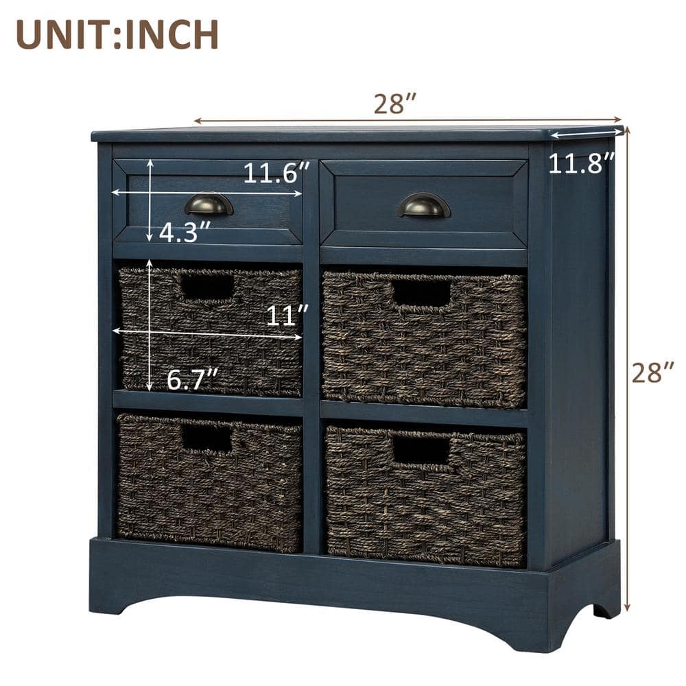 Antique Navy Acacia Wood Storage Cabinet with Rattan Baskets