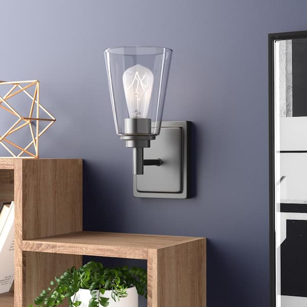 Westin 5.25 in. 1-Light Satin Platinum Industrial Wall Sconce with Clear Glass Shade