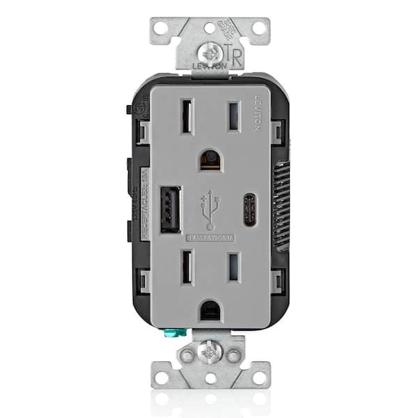 15 Amp Decora Type A and C USB Charger Tamper-Resistant Outlet, Gray T5633-GY