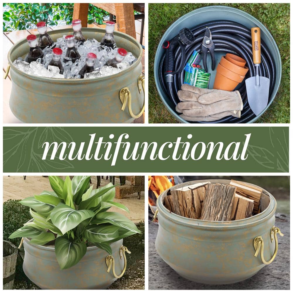 Verdigris Brass Finish 19" Garden Hose Holder Pot