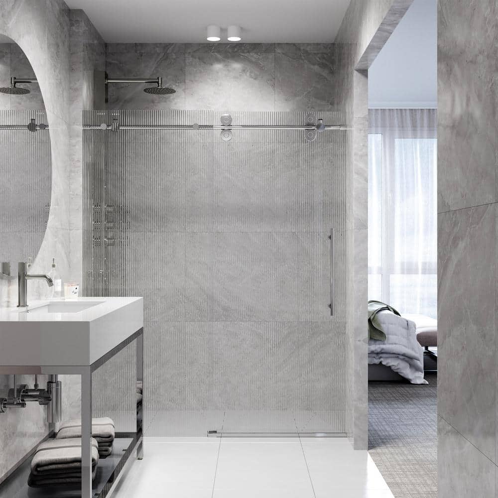Elan 72" Frameless Sliding Shower Door with Fluted Glass and Black Hardware