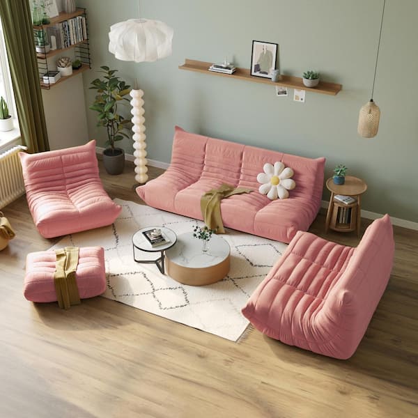 J&E Home 68.9 in. W Armless Teddy Velvet 4-piece Modular Lazy Floor Sectional Sofa with Ottoman in Pink