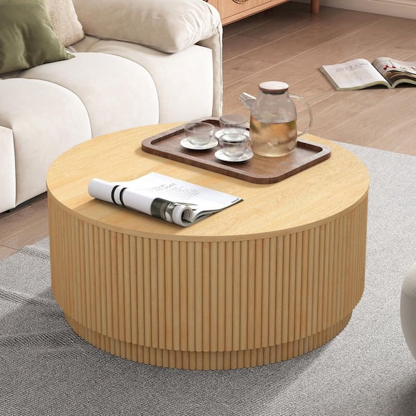 31.5 in. Natural Round MDF Storage Coffee Table with A Flip-out Panel
