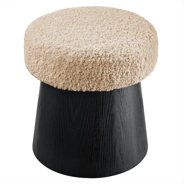 Ketra Round Mushroom Footstool Ottoman in Oatmeal Black – Small Faux Shearling Upholstered Accent Stool