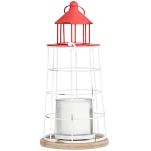 Red Metal Distressed Decorative Light House Candle Lantern with White Frame and Brown Wood Base