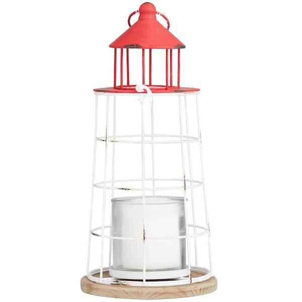Litton Lane Red Metal Distressed Decorative Light House Candle Lantern with White Frame and Brown Wood Base