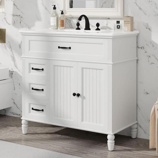 WELLFOR 36 in. W x 18.5 in. D x 34.4 in. H Freestanding Single Sink Bath Vanity in White with White Ceramic Top
