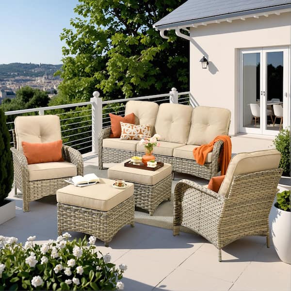 Eliza 5-Piece Outdoor Patio Wicker Conversation Sofa Seating Set with Ottoman and Beige Cushions