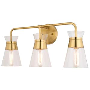 Harper 23.5 in. 3 Light Natural Brass Gold Vanity Light Mid-Century Modern Bathroom Fixture Clear Glass