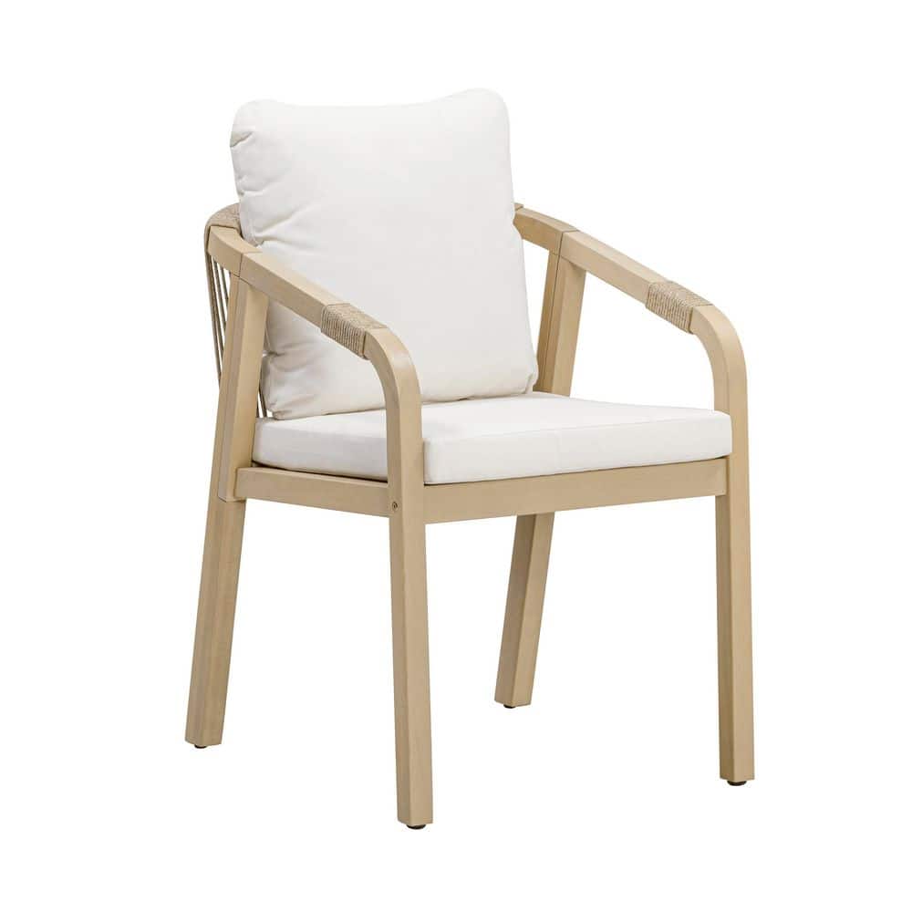 Single wood outdoor armchair with beige cushions.