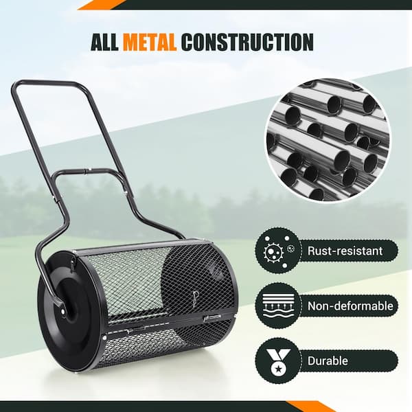 24 in. 2.7 cu. ft. Capacity Handheld Metal Mesh Peat Moss Spreader with Upgrade Side Latches and U-Shape Handle in Black