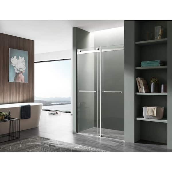 Kahn Series 60 in. x 76 in. H Sliding Frameless Shower Door in Chrome with Tsunami Guard Tempered Clear Glass and Handle