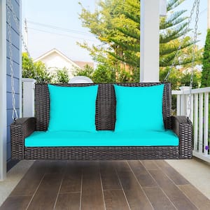 2-Person Patio Rattan Hanging Porch Swing Bench Chair Turquoise Cushion