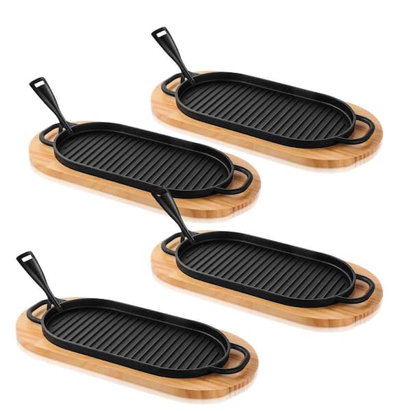 4-Piece Cast Iron Skillet Pan Set with Wooden Base Removable Handles Pre-Seasoned for Steak Grill for Home & Restaurant