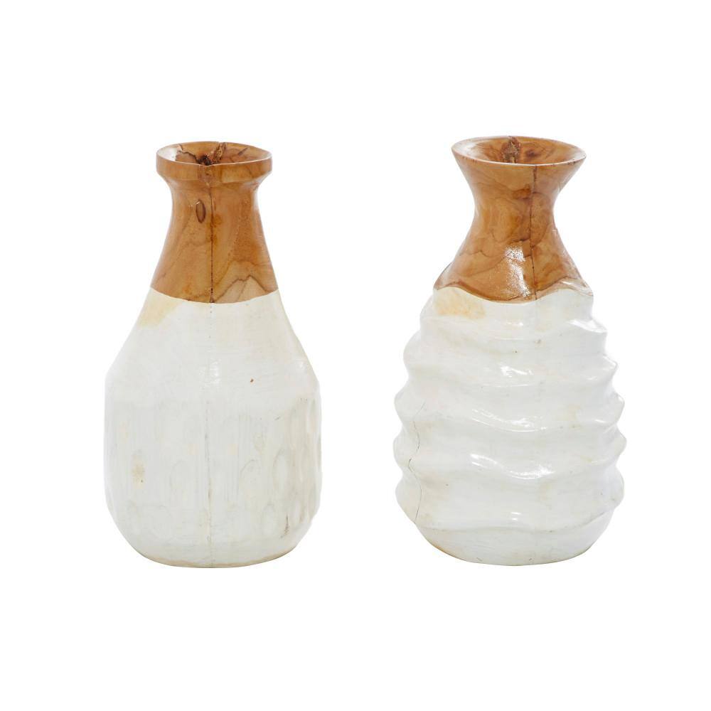 Handmade White Teak Wood Ripple Texture Vase Set, 5.5" x 9.9"