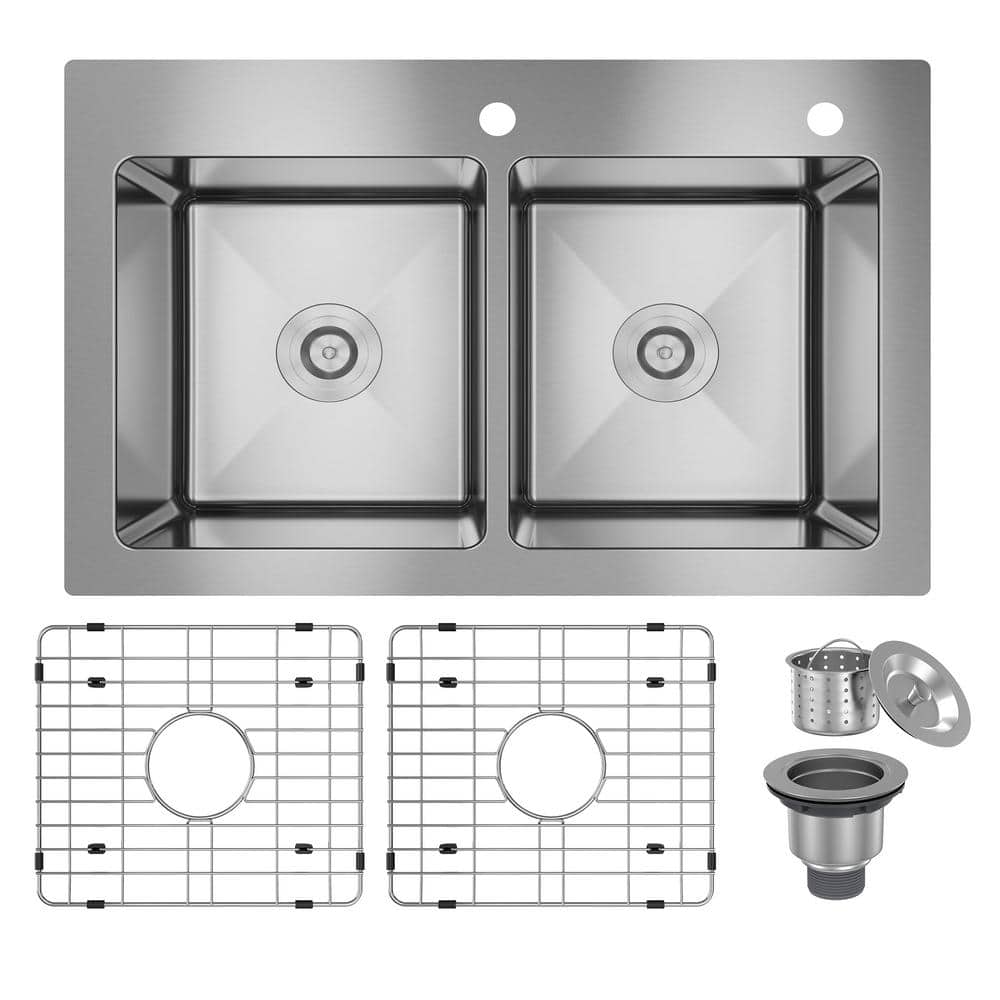 CASAINC 33 in. Drop-In Double Bowl 18 Gauge Stainless Steel Kitchen Sink with Bottom Grid and Basket Strainer, cUPC Certified, Brushed Stainless Steel -  KCSC0004-T3322D