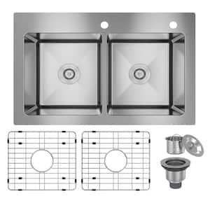 33 in. Drop-In Double Bowl 18 Gauge Stainless Steel Kitchen Sink with Bottom Grid and Basket Strainer, cUPC Certified