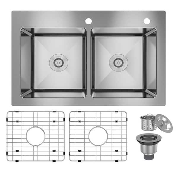CASAINC 33 in. Drop-In Double Bowl 18 Gauge Stainless Steel Kitchen Sink with Bottom Grid and Basket Strainer, cUPC Certified