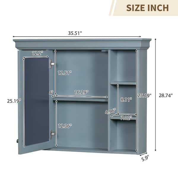 FORCLOVER 35 in. W x 28 in. H Rectangular Medicine Cabinet with Mirror and 6-Open Shelves in Blue