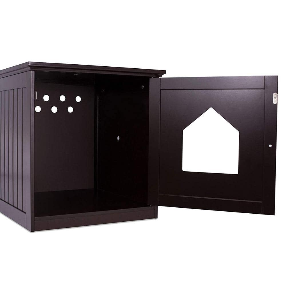 Espresso Wooden Cat House Nightstand with Hinged Door