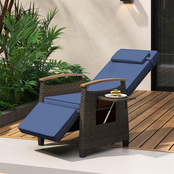 Mix Brown Plastic Outdoor Lounge Chair with Navy Cushions